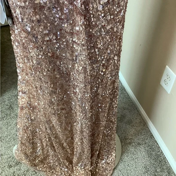 MacDuggal Rose Gold Sequin Evening Gown with Slit and Train - Picture 14 of 14